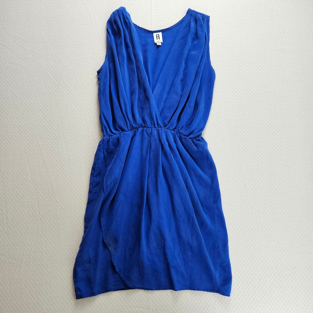 Vintage A New York Royal Blue 100% Silk V-Neck Elastic Waist Tulip Mini Dress S